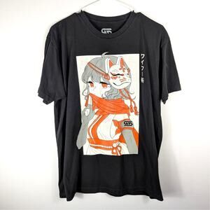 Gamer Supps Anime Waifu Fox Mask Shirt Mens L Graphic Tee Japanese Black Cotton